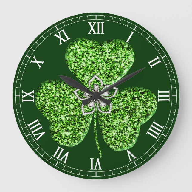 Glitter Shamrock And Flower Roman Numeral Clock (Front)