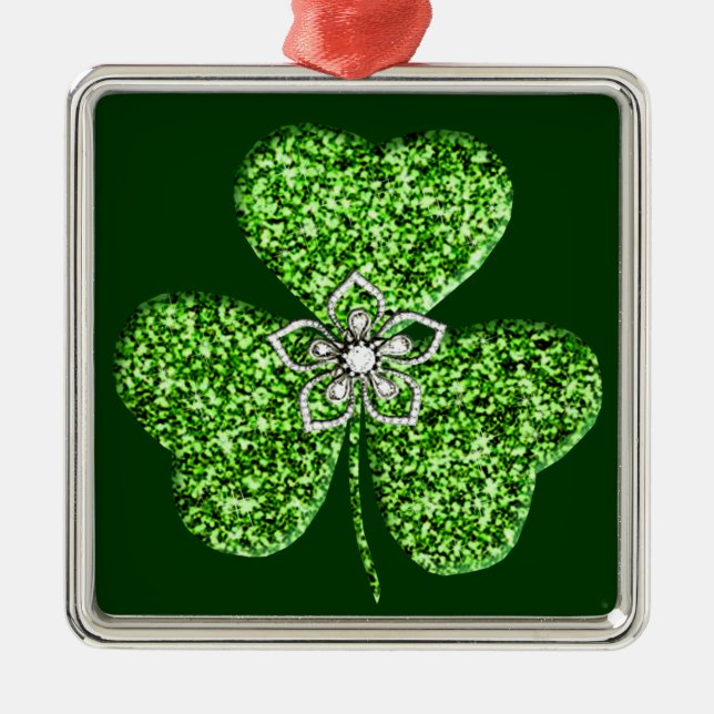 Glitter Shamrock And Flower Square Ornament (Front)