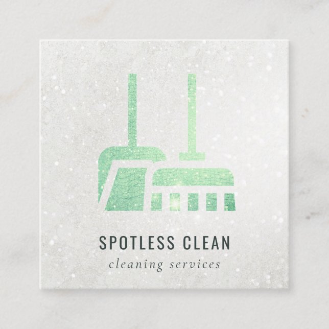 Glitter Shiny Neon Green Broom Cleaning Service Square Business Card (Front)