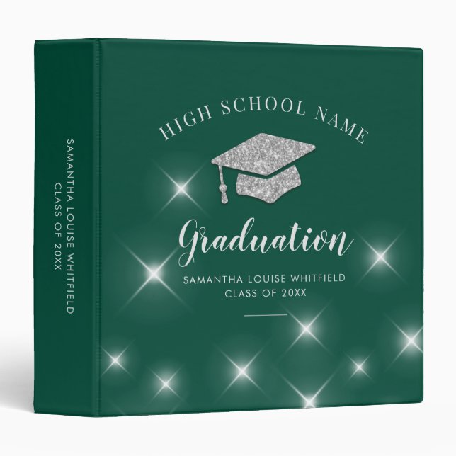 Glitter Silver Cap Green College Graduation Grad Binder (Front/Spine)