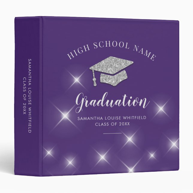Glitter Silver Cap Purple Graduation Photo Album Binder (Front/Spine)