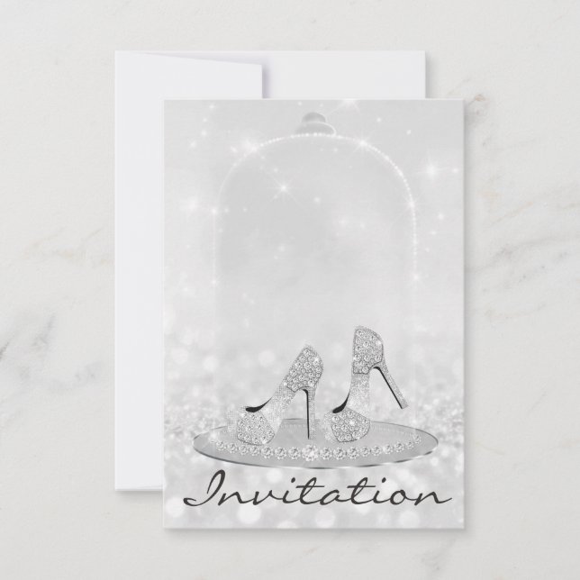 Glitter Silver Diamond Glass Shoes Heels Grey Lux Invitation (Front)