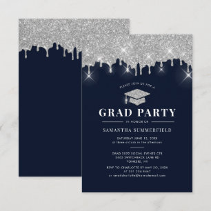 Glitter Silver Drip Cap Graduation 2022 Grad Party Invitation