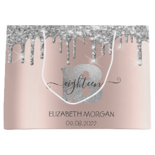 Glitter Silver Drips Rose Gold 18th Birthday Large Gift Bag