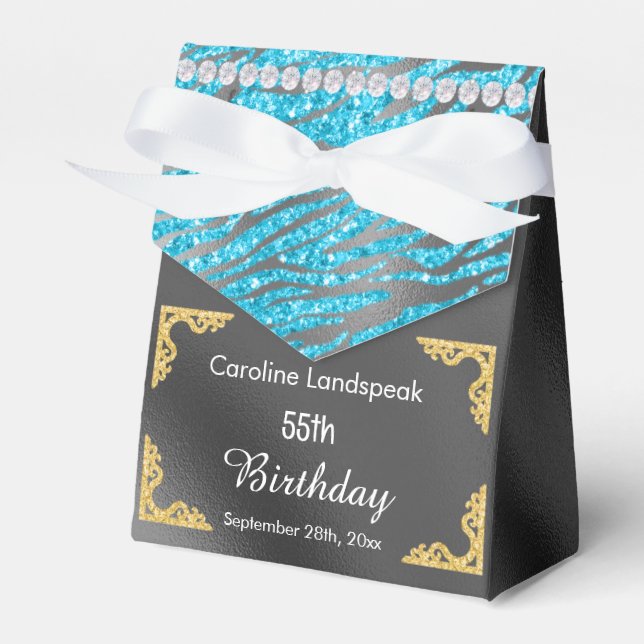 Glitter Silver Foil Blue Zebra Print Birthday Favor Box (Front Side)