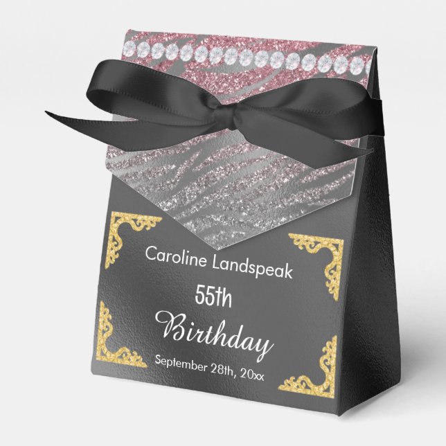 Glitter Silver Foil Pink Zebra Print Birthday Favor Box (Front Side)