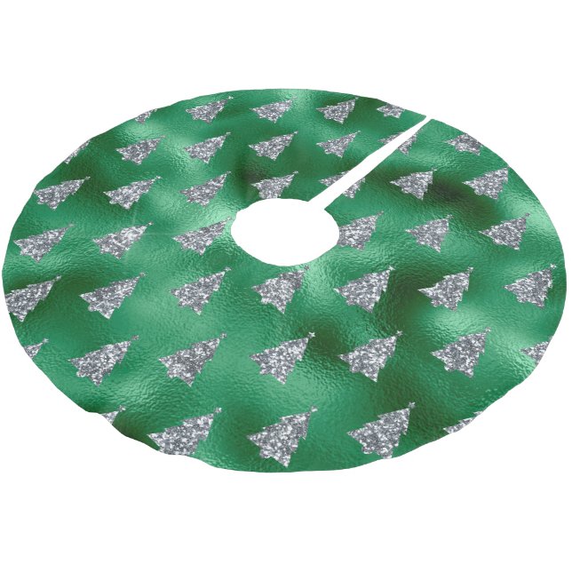Glitter Silver Green Tree Pattern Chic Trendy Brushed Polyester Tree Skirt (Angled)