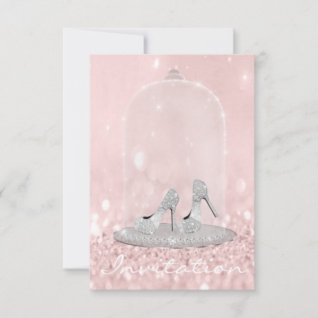 Glitter Silver Grey Pink Diamond Shoes Glitter Invitation (Front)