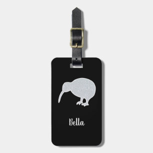 Glitter Silver NZ Kiwi, Black & White Custom  Luggage Tag