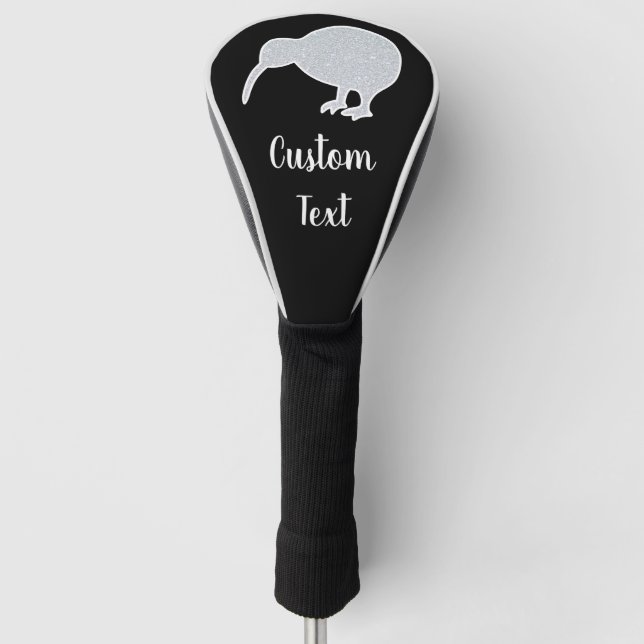 Glitter Silver NZ Kiwi on Black, Custom Driver Golf Head Cover (Front)