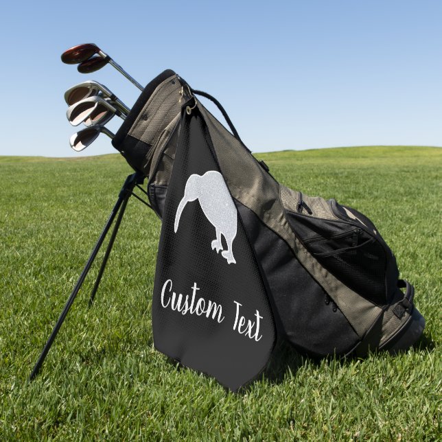 Glitter Silver NZ Kiwi on Black, Custom Text  Golf Towel (Green)