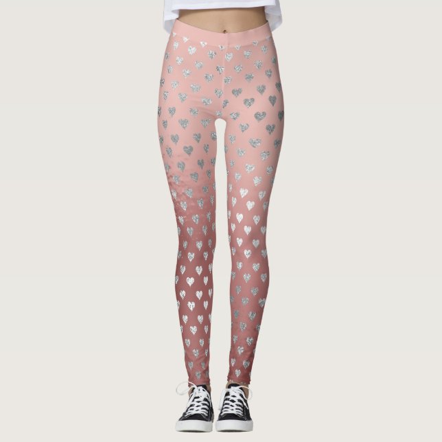 Glitter Silver Small Hearts Pink Rose Gold Glass Leggings (Front)