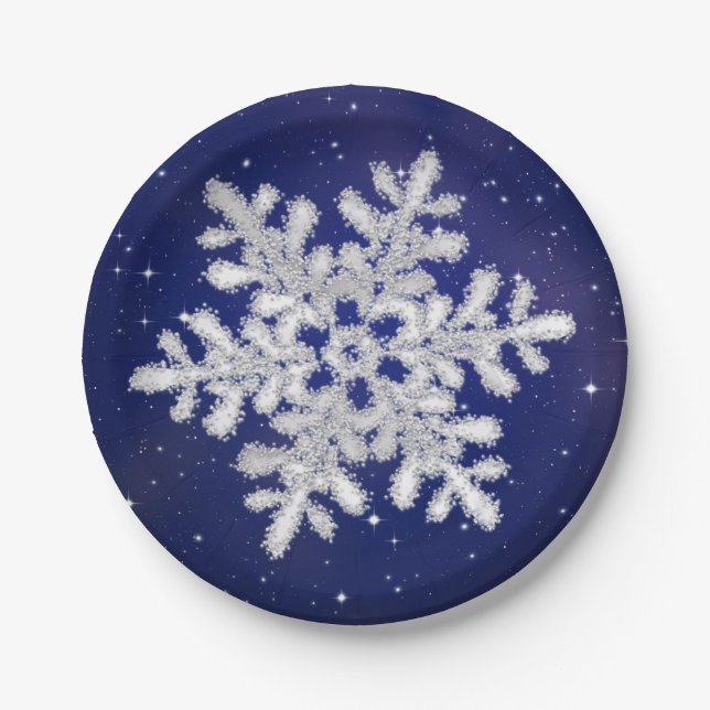 Glitter silver snowflake on night sky Paper Plate (Front)
