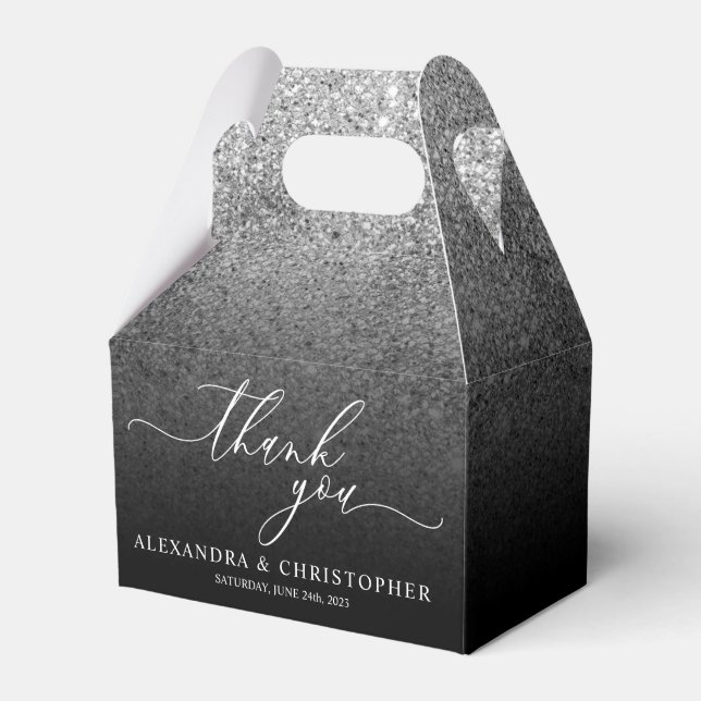 Glitter Silver SPARK Wedding Calligraphy Thank You Favor Box (Front Side)