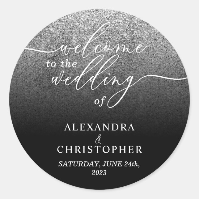 Glitter Silver Sparkle Welcome wedding set Classic Round Sticker (Front)