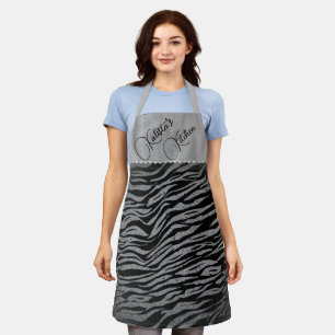 Glitter Silver Zebra Print on Black Personalized Apron