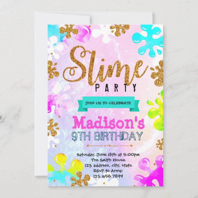 Glitter slime birthday invitation (Front)