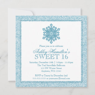 Glitter Snowflake Teal Sweet 16 Winter Wonderland Invitation