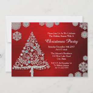 Glitter Snowflakes and Tree Red Christmas Invitation