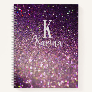 Glitter sparkle monogram script name purple recipe notebook