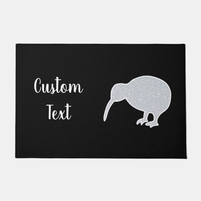 Glitter Sparkle Silver NZ Kiwi with Custom Text   Doormat (Front)