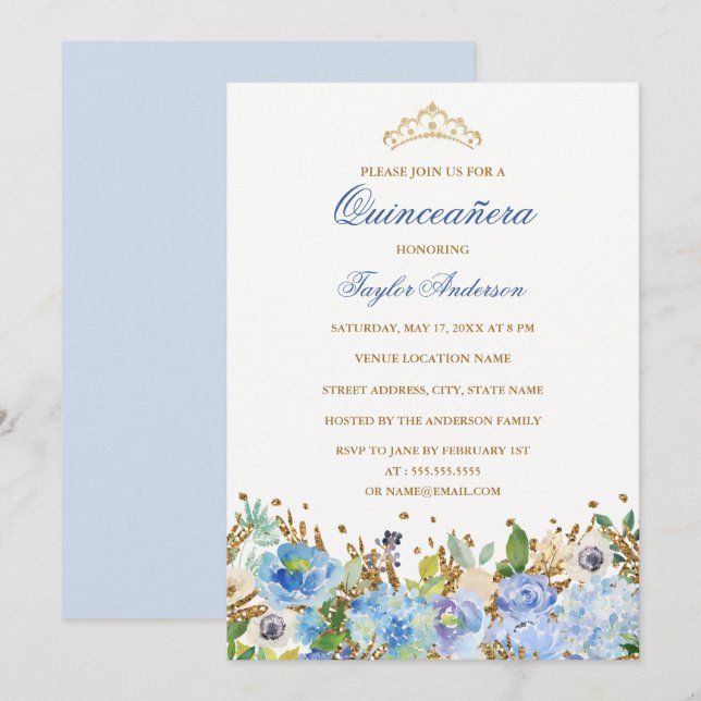 Glitter Sparkling Blue Floral Quinceanera Invite (Front/Back)