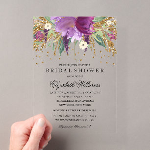Glitter Sparkling Floral Amethyst Bridal Shower Acrylic Invitations