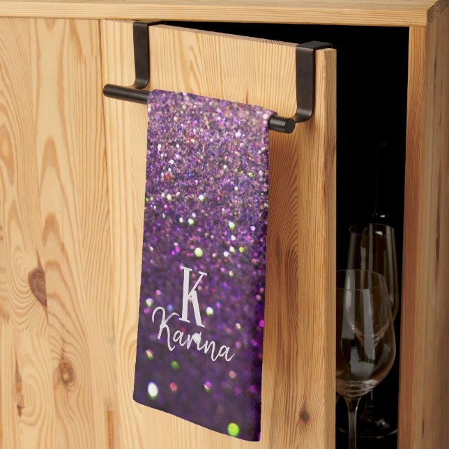Glitter sparkling purple silver name monogrammed kitchen towel (Thirds Fold)