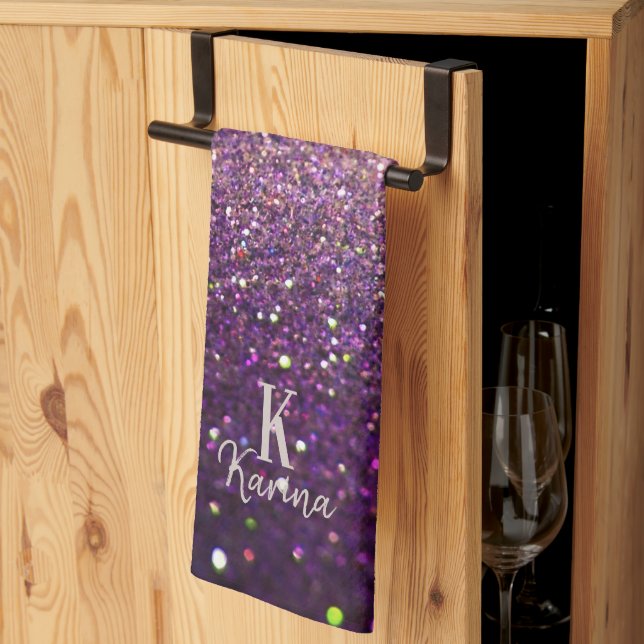 Glitter sparkling purple silver name monogrammed kitchen towel (Thirds Fold)