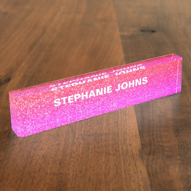 Glitter Sparkly Girly Modern Name Pink White Ombre Nameplate (Side)
