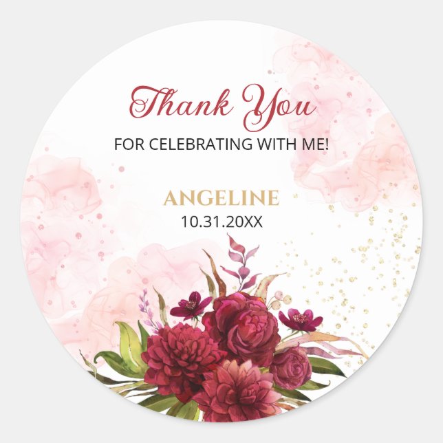 Glitter Splash Burgundy Dahlia Rose Birthday Classic Round Sticker (Front)