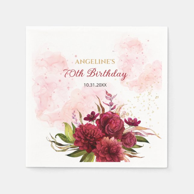 Glitter Splash Burgundy Dahlia Rose Birthday Napkin (Front)