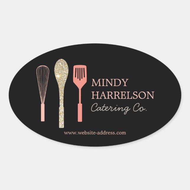 Glitter Spoon Whisk Spatula Bakery Catering Black Oval Sticker (Front)