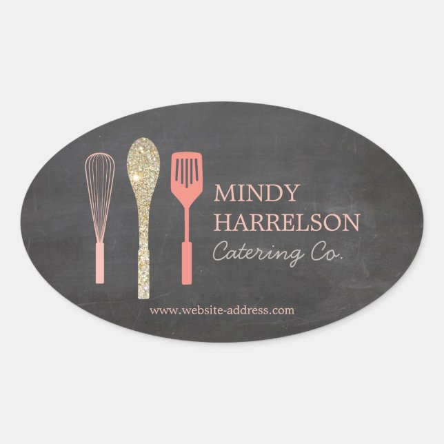 Glitter Spoon Whisk Spatula Logo on Chalkboard Oval Sticker (Front)