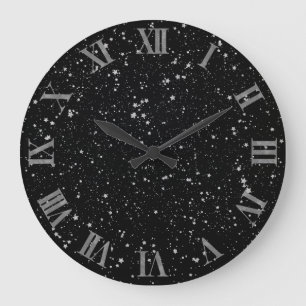Glitter Stars2 - Silver Black Large Clock