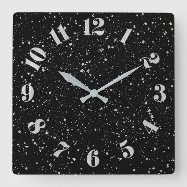 Glitter Stars2 - Silver Black Square Wall Clock (Front)