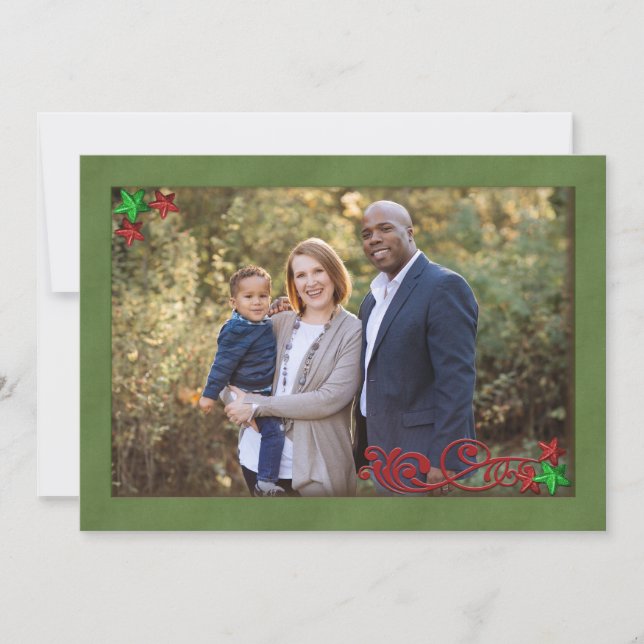 Glitter Stars and Green Framed Christmas Photo Holiday Card (Front)