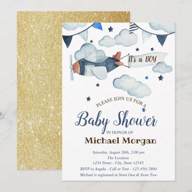 Glitter,Stars,Clouds,Airplane Baby Shower Invitation (Front/Back)