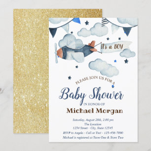 Glitter,Stars,Clouds,Airplane Baby Shower Invitation
