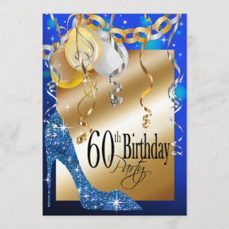 Glitter Stiletto Balloons 60th Birthday blue Invitation
