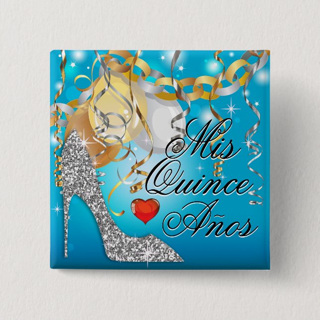 Glitter Stiletto Celebration Quinceañera blue 2 Inch Square Button (Front)