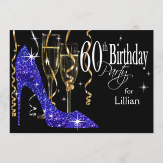 Glitter Stiletto Champagne 60th Birthday Blue Invitation