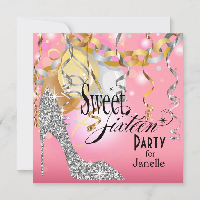 Glitter Stiletto Sweet 16 Party | pink silver Invitation (Front)