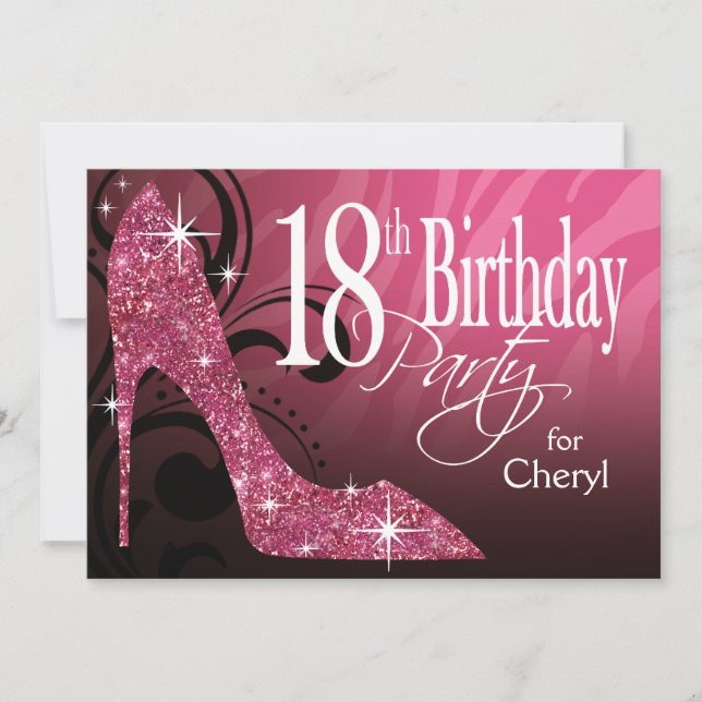 Glitter Stiletto Zebra 18th Birthday pink Invitation (Front)