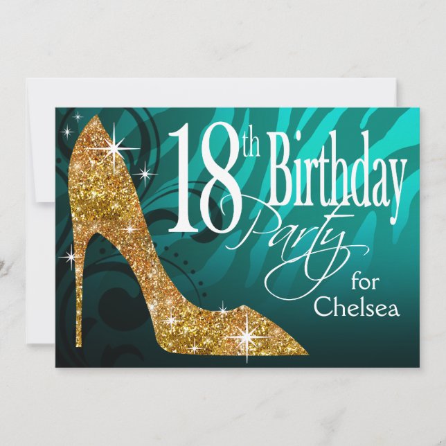 Glitter Stiletto Zebra 18th Birthday teal gold Invitation (Front)