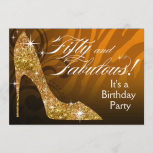 Glitter Stiletto Zebra 50 & Fabulous Birthday gold Invitation
