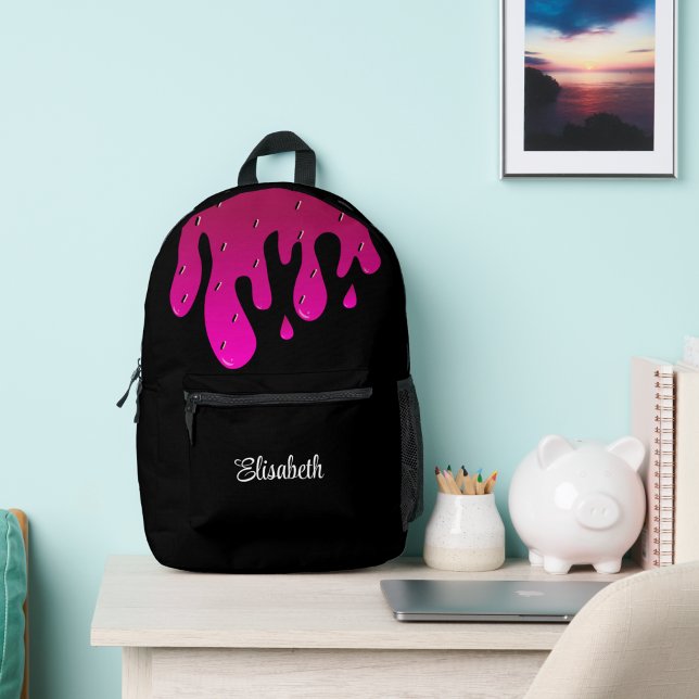 Glitter Strawberry Dripping Slime Personalized Printed Backpack (Glitter Strawberry Dripping Slime black Personalized Printed Backpack)
