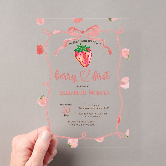 Glitter Strawberry Frame Pink Plaid Baby Shower  Acrylic Invitations (Insitu (Handheld))