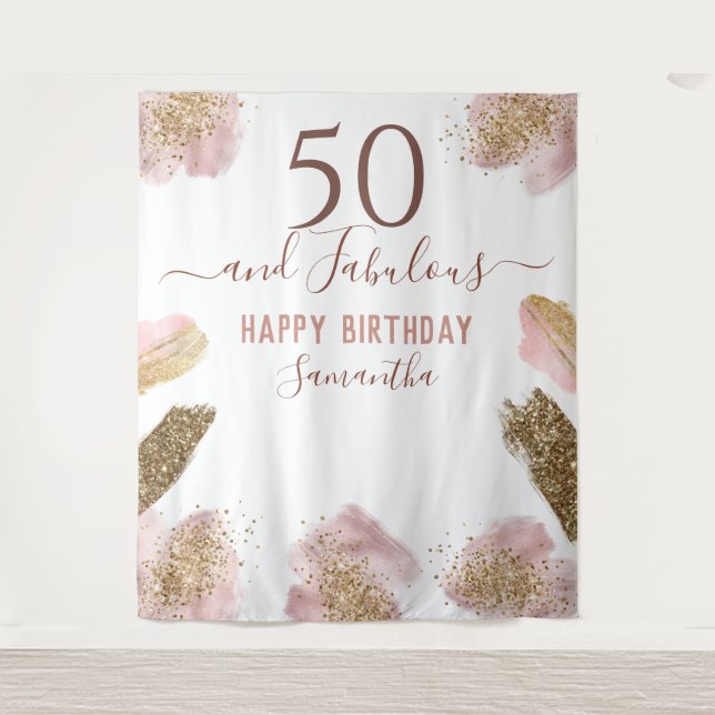 Glitter Strokes Pink Happy 50th Birthday Tapestry (Front)