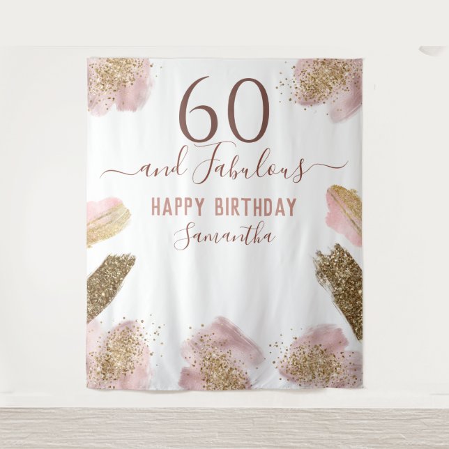 Glitter Strokes Pink Happy 60th Birthday Tapestry (Front)